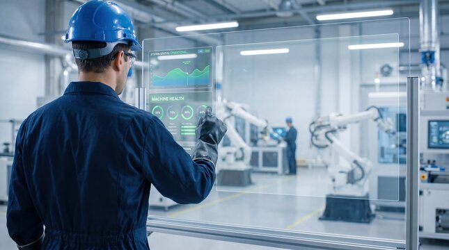 Male industrial engineer monitoring automated robotic arm assembly line with holographic interface smart factory concept Industry 40 technology machine health status display on