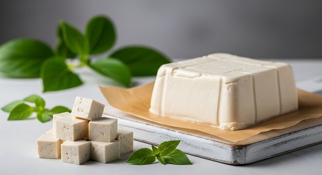 A block of tofu and cubed tofu on a white surface with basil leaves scattered around it on a gray background