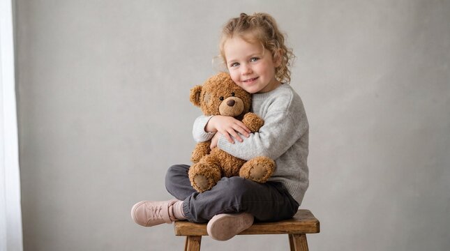 Adorable Young Girl Hugging a Teddy Bear with a Gentle Smile.