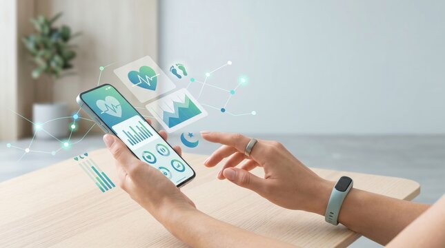 Smart health monitoring mobile medical app interface on smartphone with digital holographic charts