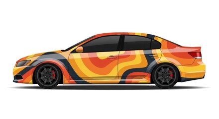 Fototapeta premium Modern sedan with abstract orange and blue wavy car wrap