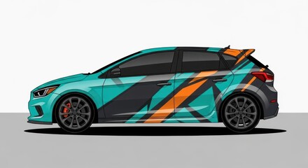 Obraz premium Modern sports car hatchback with teal and orange wrap design