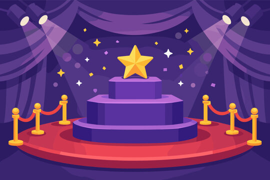 Awards ceremony stage with purple tiered podium, golden star trophy, red carpet, and spotlights. Flat vector illustration of a gala event background with velvet curtains and golden stanchions.