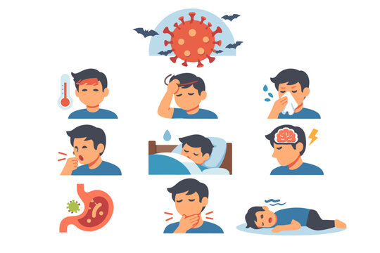 Nipah Virus Symptoms Chart Illustration featuring Medical Icons for Fever, Cough, Headache, Sore Throat, Respiratory Issues, Brain Inflammation, and Zoonotic Disease Transmission from Bats.