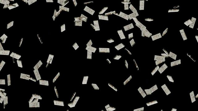 Stacks of twenty dollar bills rain down from above. United States currency notes flutter and scatter as they fall. The money appears on a transparent background with alpha channel.
