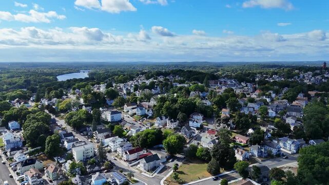 Beautiful aerial panorama of suburban area with local houses and Merrimack River, Lawrence, Massachusetts, USA