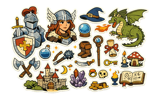 Fantasy Sticker Set with Medieval Magic and Fairytale Elements. Hand-Drawn Doodle Illustration Featuring Knight, Dragon, Valkyrie, Castle, Wizard Hat, Potion, Spellbook, and RPG Game Quest Items.