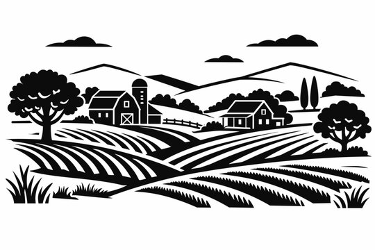 Rustic Farm Landscape Vector Illustration Featuring a Traditional Barn, Silo, Farmhouse, Rolling Hills, and Plowed Fields in a Minimalist Black and White Woodcut Style with Trees and Clouds.