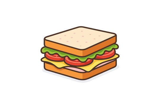 Simple Flat Vector Illustration of a Delicious Sandwich with Fresh Lettuce, Tomato Slices, Cheese, and Ham on Toasted Bread, Isolated Icon for Food Menus, Healthy Snacks, and Lunch Meal Designs.