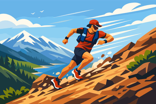 Stylized vector illustration of a determined trail runner sprinting up a steep rocky mountain path with snow-capped peaks, a blue lake, and pine forests in the background under a bright sky.