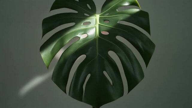 Monstera Deliciosa leaf with dramatic sunlight and shadow, highlighting its iconic split shape and vibrant green color