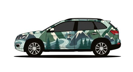 Naklejka premium Modern SUV with mountain landscape vinyl wrap design