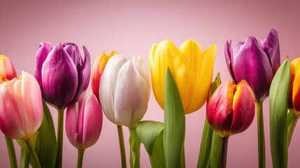 Fototapeta premium Colorful tulips arranged in a horizontal row stand against a soft pink background.