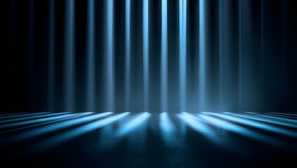 Naklejka premium Wide abstract stage with vertical light curtains and horizontal floor projections in deep blue tones suitable for performance backdrop corporate event design or virtual studio environment theme.