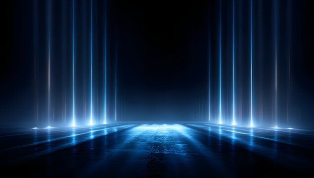 Dark underground chamber illuminated by vertical blue neon lights on reflective floor surface creating cinematic mystery atmosphere for high end product presentation futuristic scifi interior.