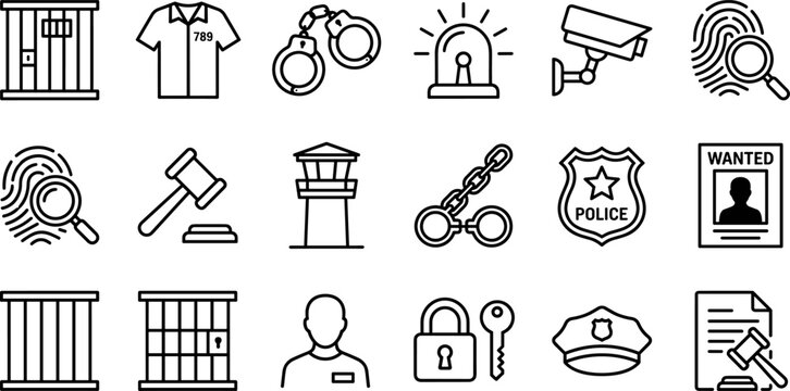 law and police line icons set with prison bars handcuffs fingerprint surveillance camera siren gavel badge arrest document and criminal justice symbols isolated on transparent background