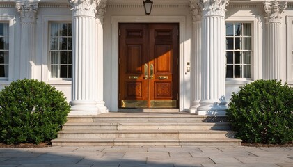 Fototapeta premium Elegant architectural facade of a grand building entrance with classical columns, polished wooden double doors, and manicured shrubs under bright sunlight
