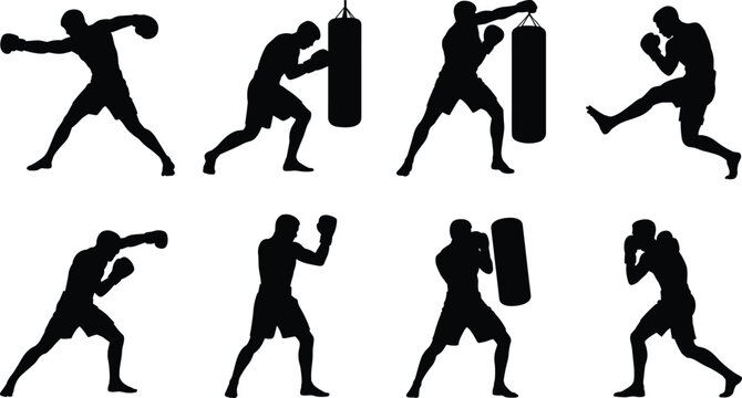 Black boxing and kickboxing silhouettes showing punching, guarding, striking, kicking, training movements, combat practice poses, minimalist vector illustration design