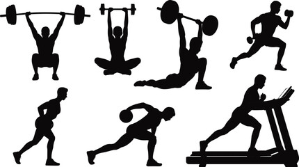 Fototapeta premium Fitness exercise silhouettes showing barbell lifting, dumbbell curl, weight plate lunge, medicine ball workout, and treadmill running vector illustration design