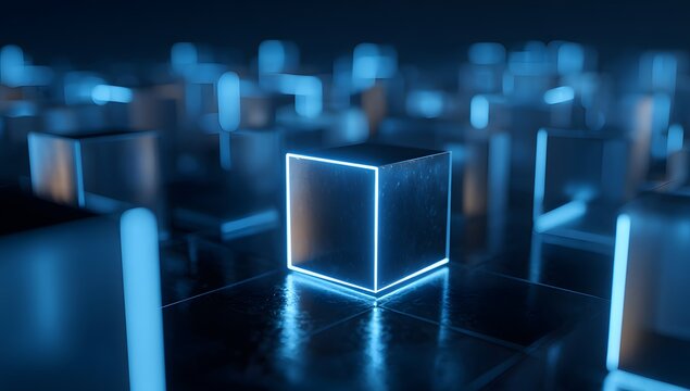 Minimalist futuristic scene showing glowing blue light cubes on dark reflective surface representing blockchain technology data security and structured digital architecture for modern business.