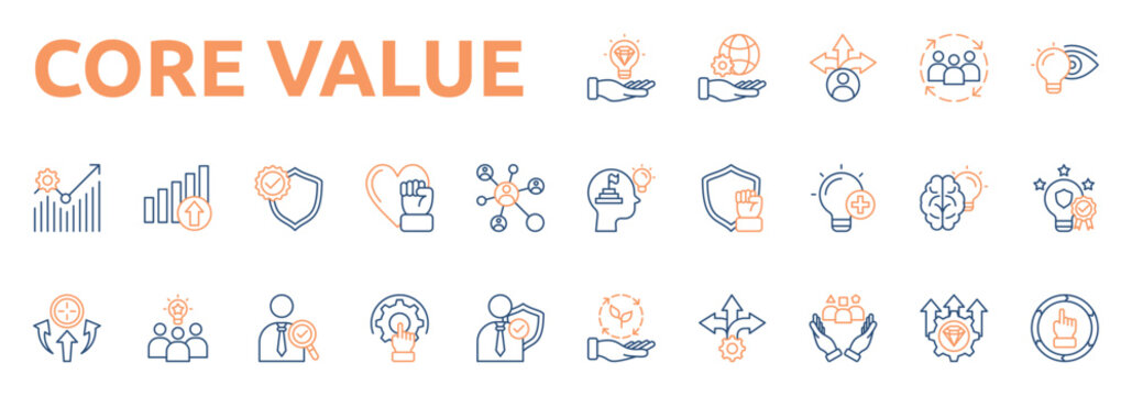 Core Value icon set color outline style with responsibility, guidance, inclusion, vision, development, growth, integrity, passion icons
