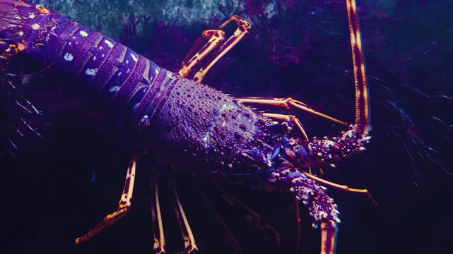 Close up of Spiny Lobster, Langostino moving around rocks underwater