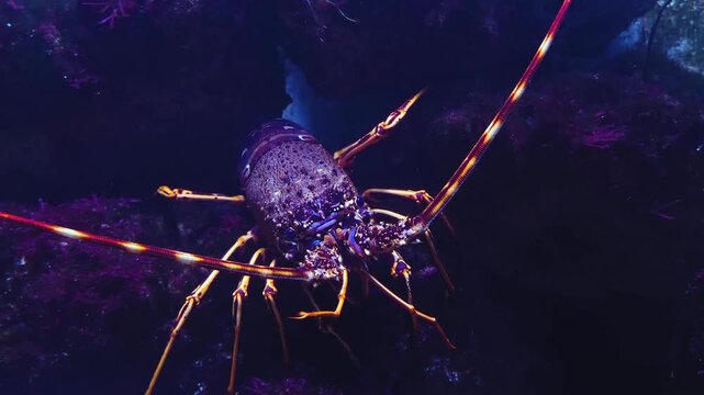 Close up of Spiny Lobster, Langostino moving around rocks underwater