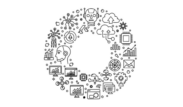 Circular Technology Icons Frame Vector Line Art Illustration with Robot Cloud Charts Monitors CPU Gears Networks