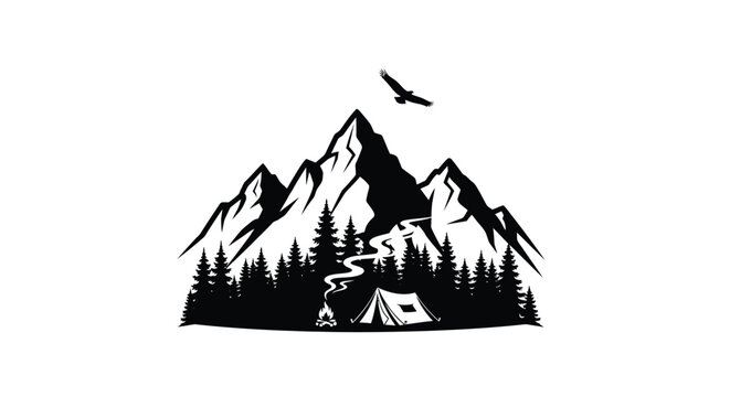 A silhouetted mountain landscape with a campsite and soaring eagle