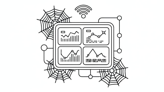 Black and white line art of a computer screen with spider webs  symbolizing cyber threats