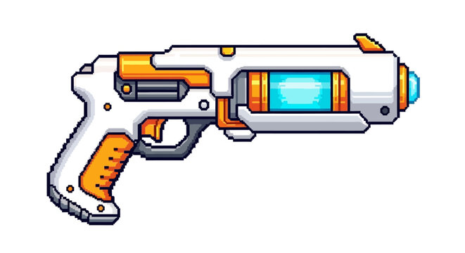 Futuristic Pixel Art Sci-Fi Energy Pistol Weapon.