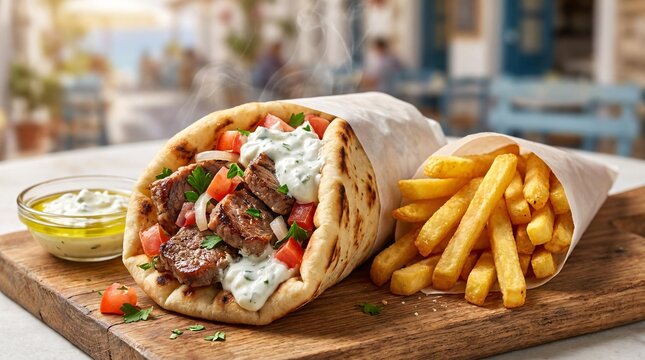 Delicious loaded Greek gyro wrapped in warm toasted pita bread overflowing with juicy grilled lamb, bright red tomatoes, and tzatziki sauce.