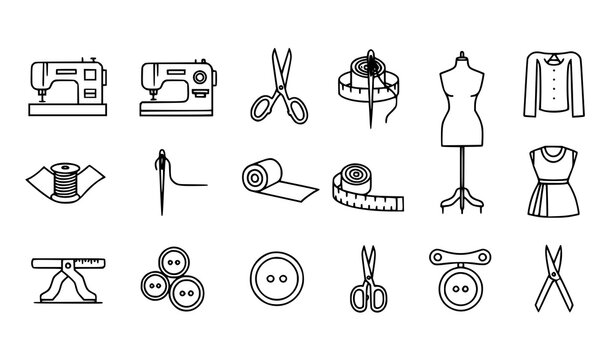 Fashion atelier sewing icons set vector thin line tailor shop equipment needle thread mannequin pictograms isolated white background