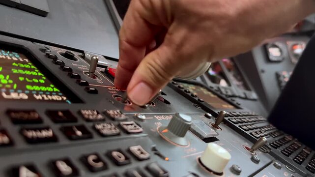 Closeup view, low angle shot, of the hand of a caucasian pilot doing the pre-flight checks inside a modern jet cockpit.