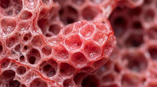 A microscopic close-up of pinkish-red tissue with many small, interconnected cavities, representing alveoli in the lungs.