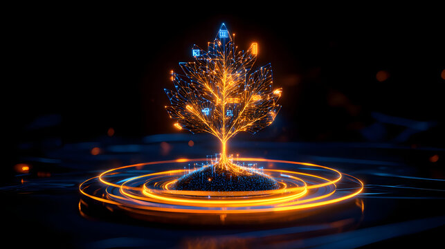 Digital tree circuit glowing technology network futuristic data innovation hologram cyber