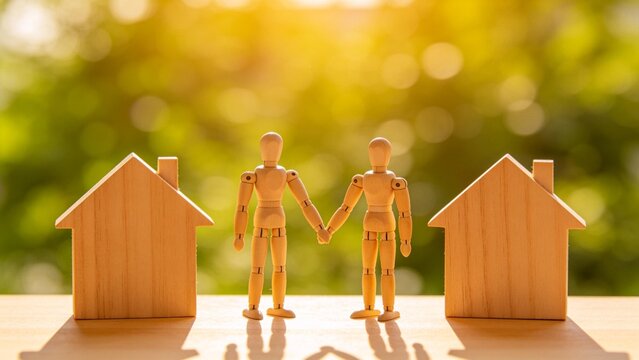 Wooden figures holding hands with houses