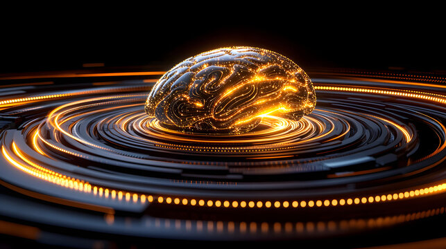 Futuristic brain artificial intelligence digital network glowing circuit abstract technology cyber background neon light circular motion data flow 3d render futuristic brain dark cyber platform