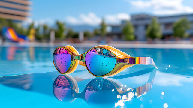 Swimming goggle pool close up water reflection summer swim goggle floating clear blue pool water with bright reflection, colorful lens, minimalistic sport equipment scene, outdoor resort