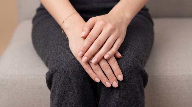 Close-up of Woman Hands with Elegant Nude Manicure and Jewelry Resting on Lap