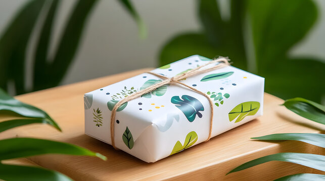 Eco friendly packaging gift wrap wrapping paper leaf pattern twine paper box sustainable recyclable studio shot eco friendly packaging paper box wrapped wrapping paper with leaf pattern and twine