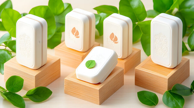 Eco friendly seed paper packaging studio shot bamboo stand green leaf sustainable biodegradable minimal design natural product eco friendly seed paper packaging display bamboo stand with green