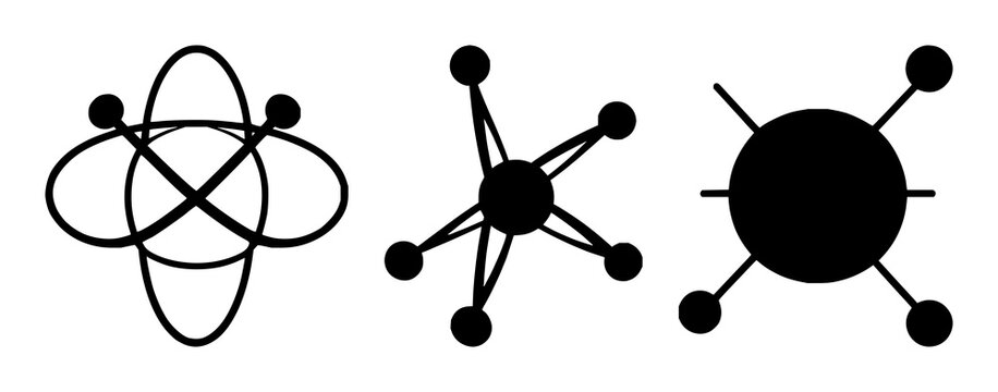 Quantum computing qubit atom icon set with solid black icon style featuring quantum, atom, qubit with vector illustration and design