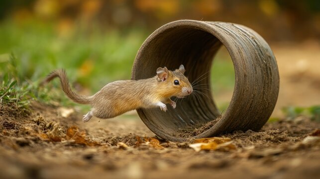 Jumping gerbil through earthenware tunnel in autumnal forest floor