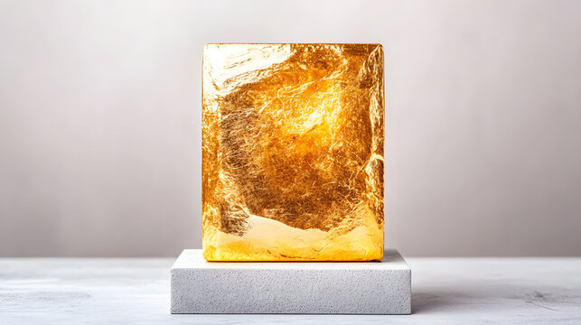 Gold cube luxury cosmetic packaging studio shot gold foil matte background minimal still life Elegant gold cube luxury cosmetic packaging studio shot with gold foil texture concrete pedestal