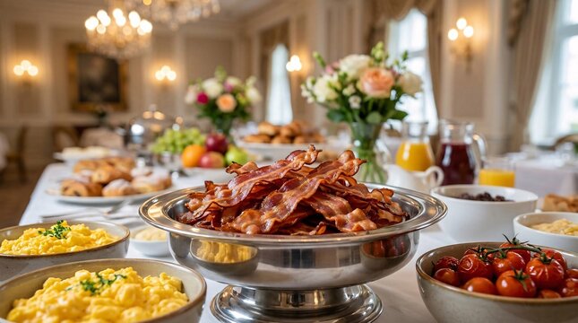 Extravagant hotel breakfast buffet featuring a shiny stainless steel tray filled with crispy golden bacon and hot fresh scrambled eggs.