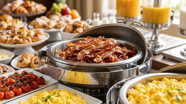 Extravagant hotel breakfast buffet featuring a shiny stainless steel tray filled with crispy golden bacon and hot fresh scrambled eggs.