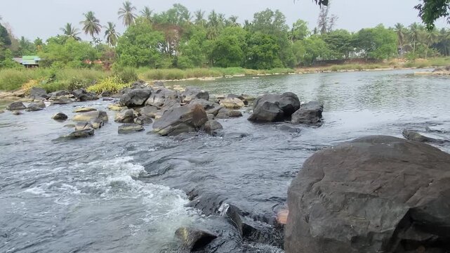 A small river glides over smooth stones, its gentle murmur blending with rustling leaves. Sunlight filters through trees, painting the water in gold, as nature breathes quietly all around.