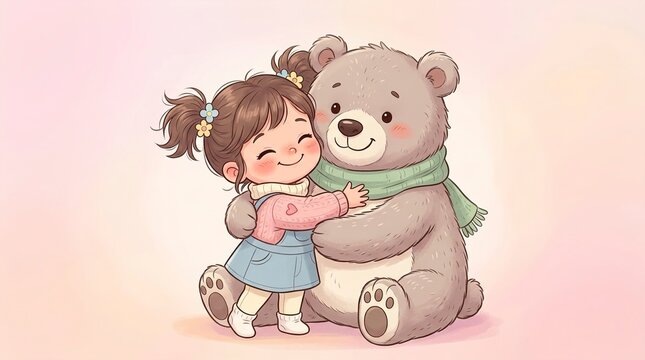 Colorful Cartoon Scene of Child and Teddy Bear Outdoors