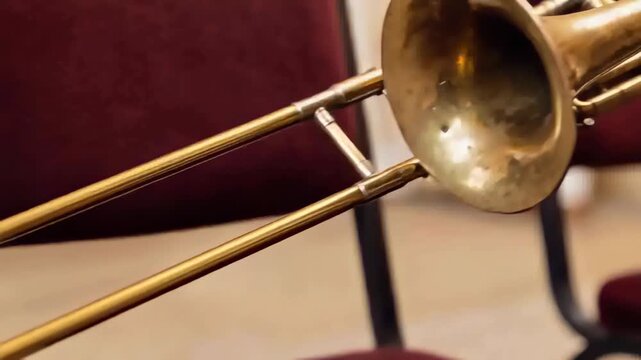 Entering right hand grasping, lifting brass trombone on burgundy chair at rehearsal room, to play